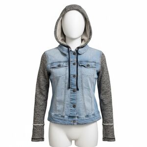 Mossimo Hooded Denim Jacket Knit Sleeve Hoodie Hybrid Jean Jacket XL Runs Small